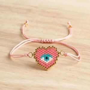 Miyuki Delica Pink Heart Shaped Evil Eye Seed Bead Bracelet